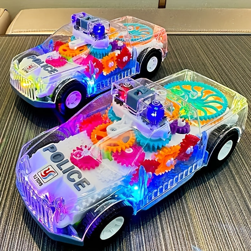 Electric car toy with lights and music, featuring transparent gear and police car design.