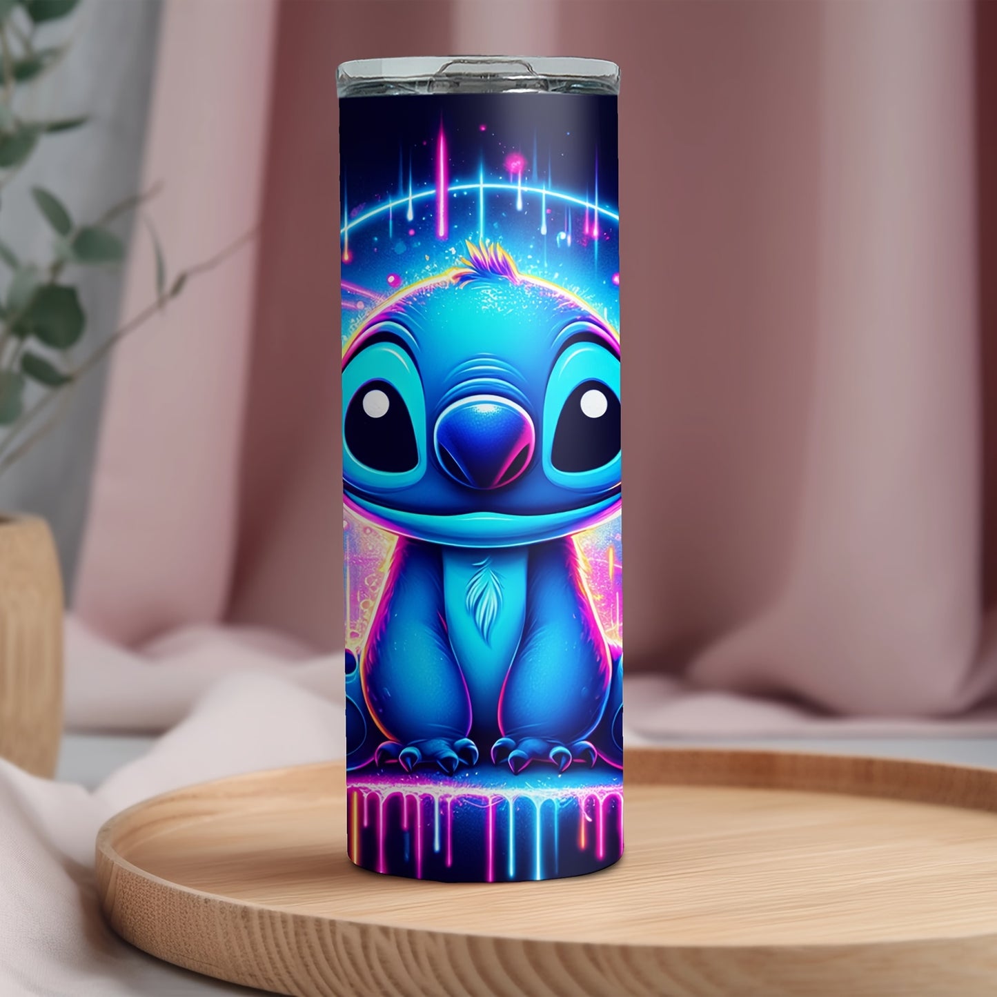 20oz stainless steel water bottle with cartoon character design, insulates hot and cold beverages, includes straw for drinking.