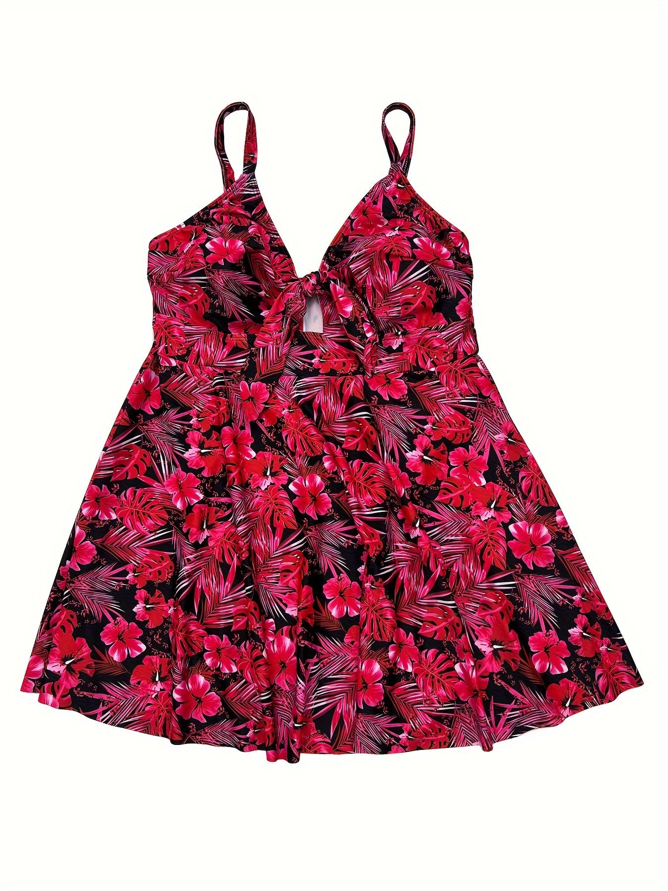 Elegant floral tankini set with removable pads and v-neck, made from stretchy polyester and elastane blend fabric.