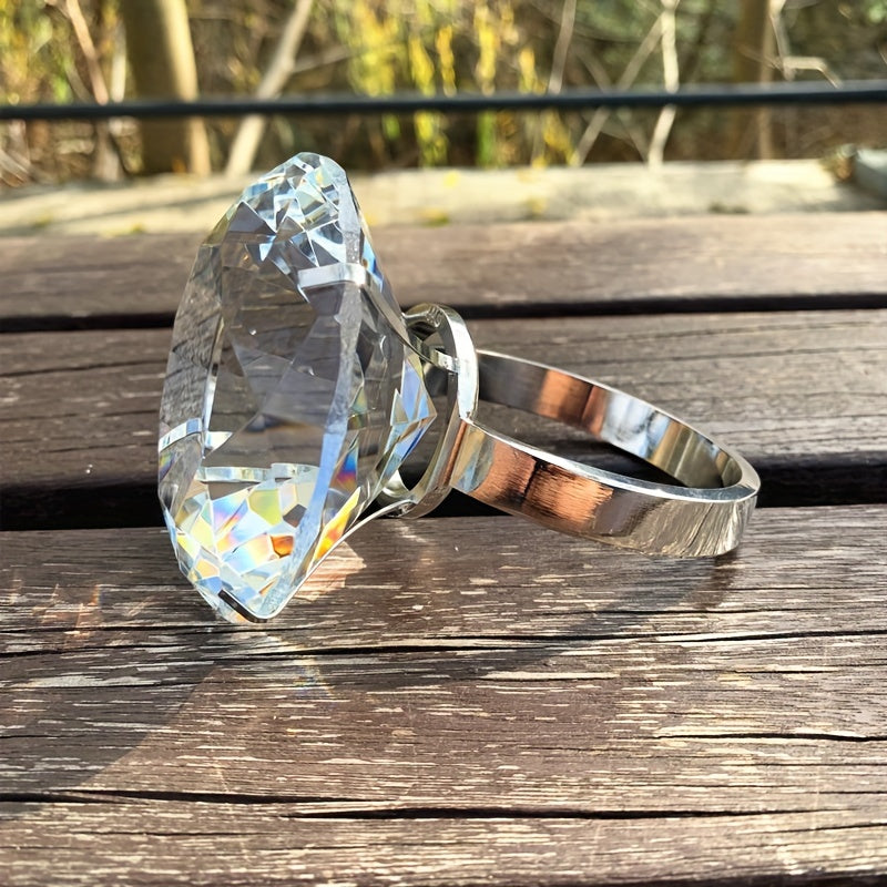 Jumbo 1600 Carat Glass Ring - Stunning 8cm Luxury Party Gift Featuring Synthetic Gemstone, Plated Design, Perfect for Valentine's Day and Any Occasion