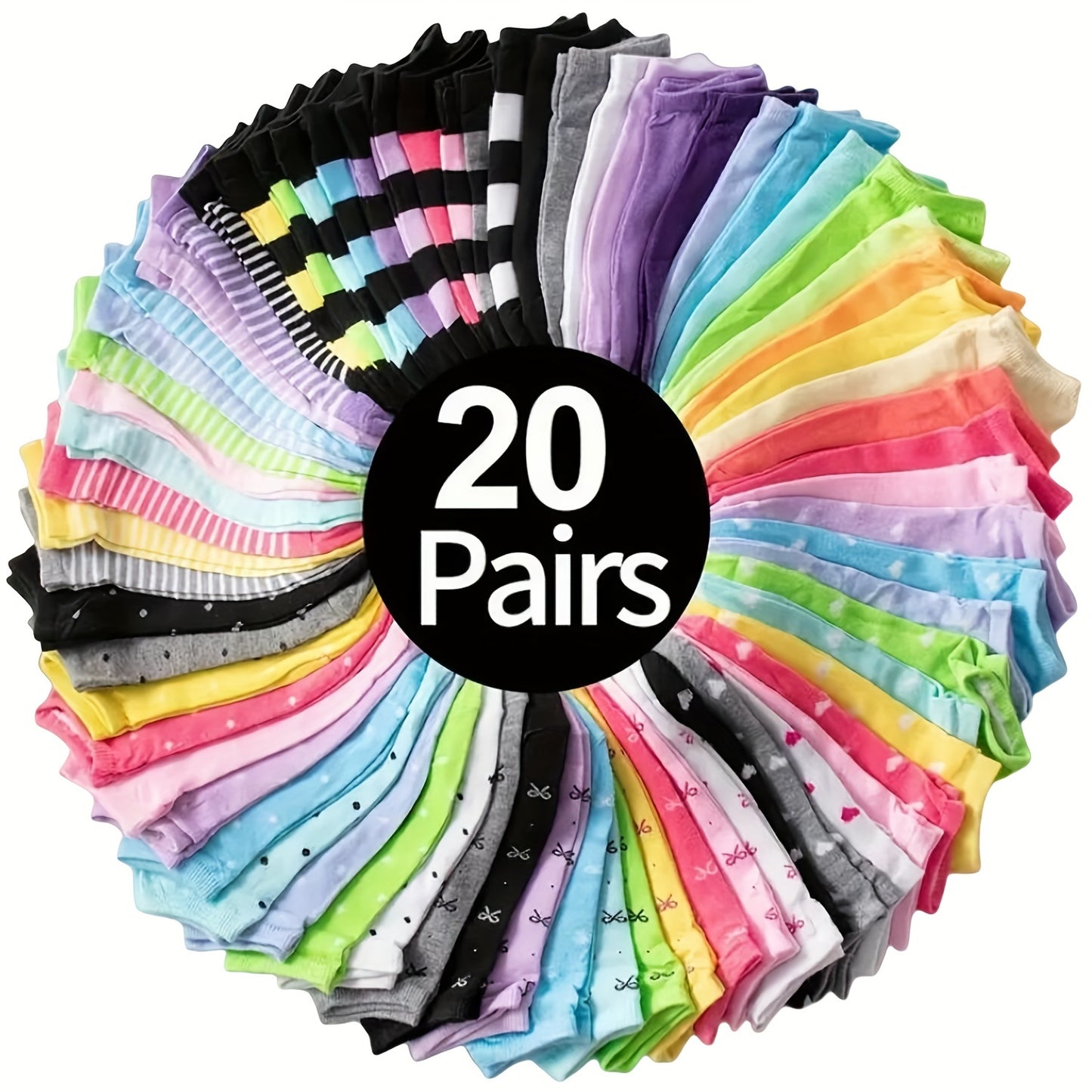 20 women's ankle socks in candy-colored heart and stripe patterns made of breathable polyester blend with ribbed detail, suitable for everyday casual wear.