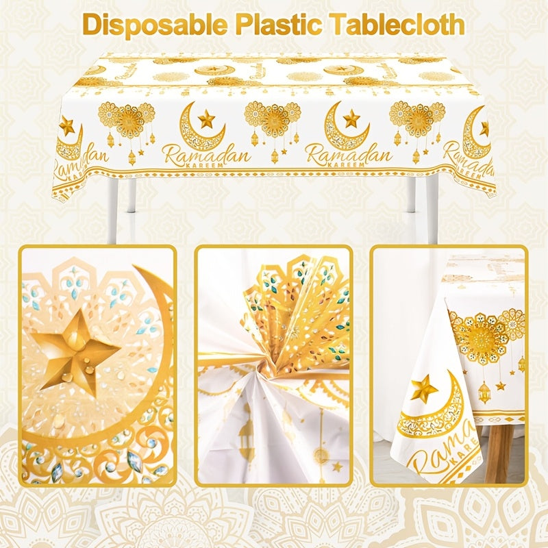 1pc White & Golden Ramadan Kareem Disposable Plastic Tablecloth, 130x220cm, featuring Moon, Lantern, & Star pattern. Ideal for Islamic Muslim parties, Eid Al Adha & home celebrations.