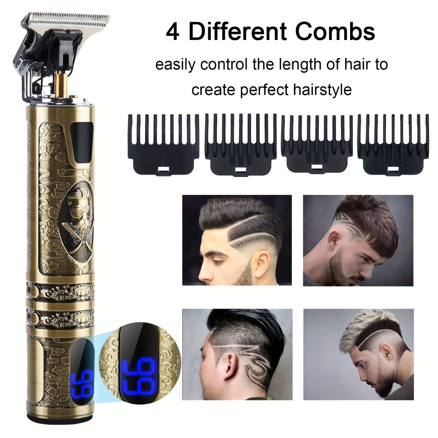 Electric shaver for men with LED display, professional hair clipper, beard trimmer, USB-C charging, wireless long hair trimmer, and 4 attachment combs.