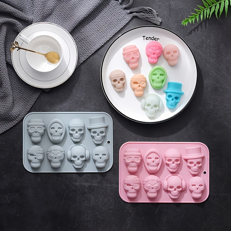 Silicone Mold Tray in Skull Shape with 8 Cavities, Perfect for Making Chocolate, Baking Cake, Jelly, Halloween Candy, Ice Cubes, Crafted from Durable Non-Stick Silicone