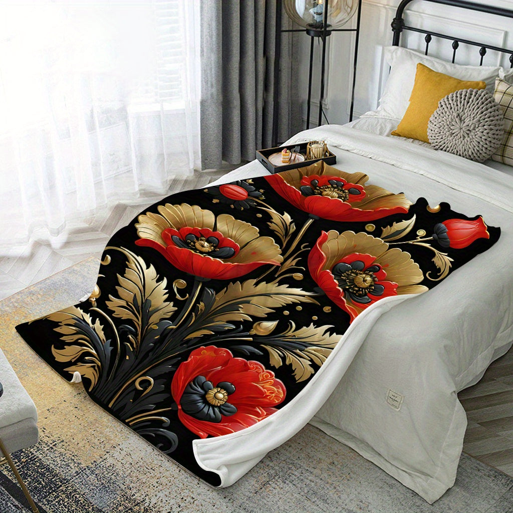 Soft and Comfortable Floral Printed Fleece Throw Blanket featuring a Golden and Red 3D Floral Design. Perfect for use in the Living Room, Bedroom, Sofa, or even on a Picnic. Made with Durable Polyester Fabric, this blanket is suitable for All-Season Use.