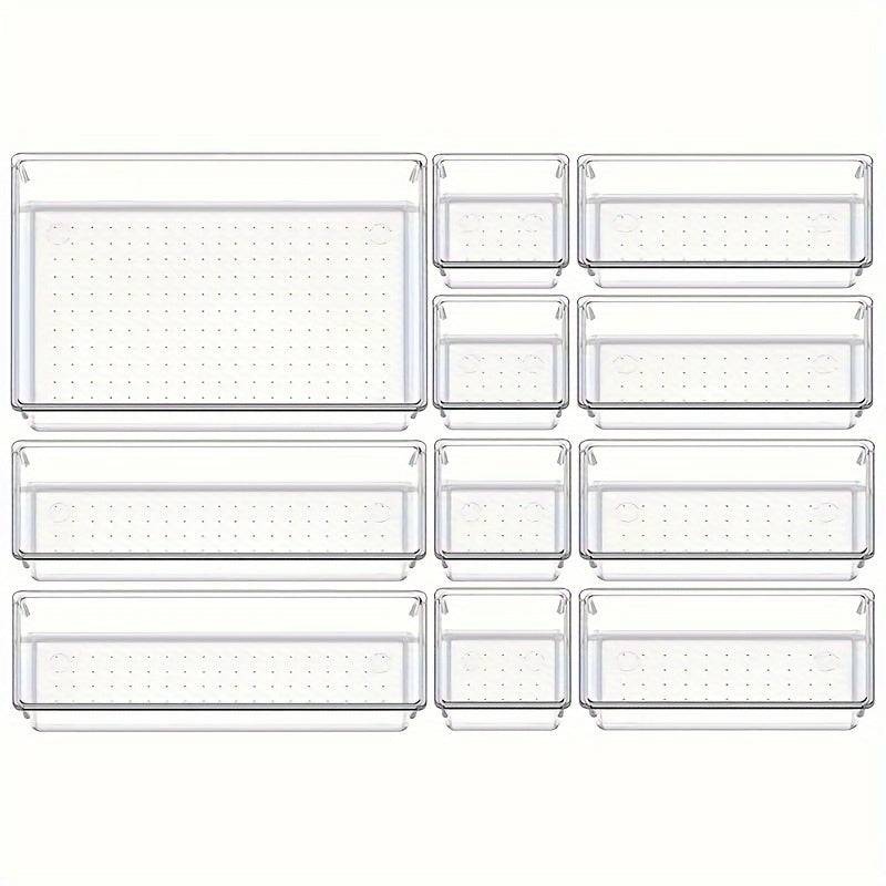 Clear plastic drawer organizers set includes 7-18 pieces in 4 sizes for versatile organization in bathroom, vanity, makeup, bedroom, kitchen, and office.