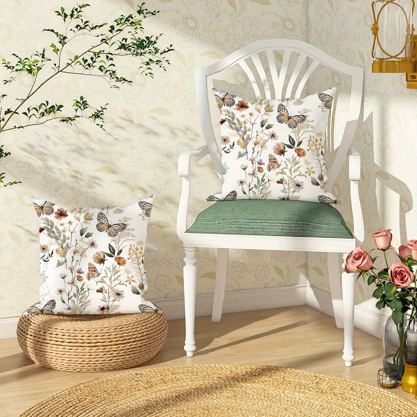 Two pieces of velvet throw pillow covers featuring a country rustic floral butterfly design in white. These decorative pillow covers measure 45.72cm x 45.72cm and are perfect for adding a touch of elegance to your living room, bedroom, sofa, or bed.