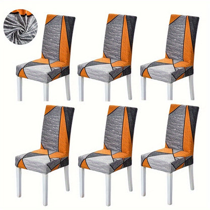 Contemporary geometric chair slipcovers in black and white. Stretchable, dustproof, lightweight fabric. Ideal for home, hotel, or restaurant decor. Easy care, machine washable. Set of 4 or 6.