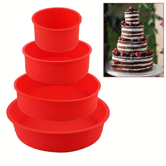 4 ta qizil silikondan yasalgan mini/katta tort qoliplari (10.16 sm, 15.24 sm, 20.32 sm, 25.4 sm) - Muffin, Cupcake, Qavatli tort, Pishloq torti va Rangli tort uchun yopishqoq bo'lmagan dumaloq pishirish idishlari - Qayta ishlatiladigan tort qoliplari