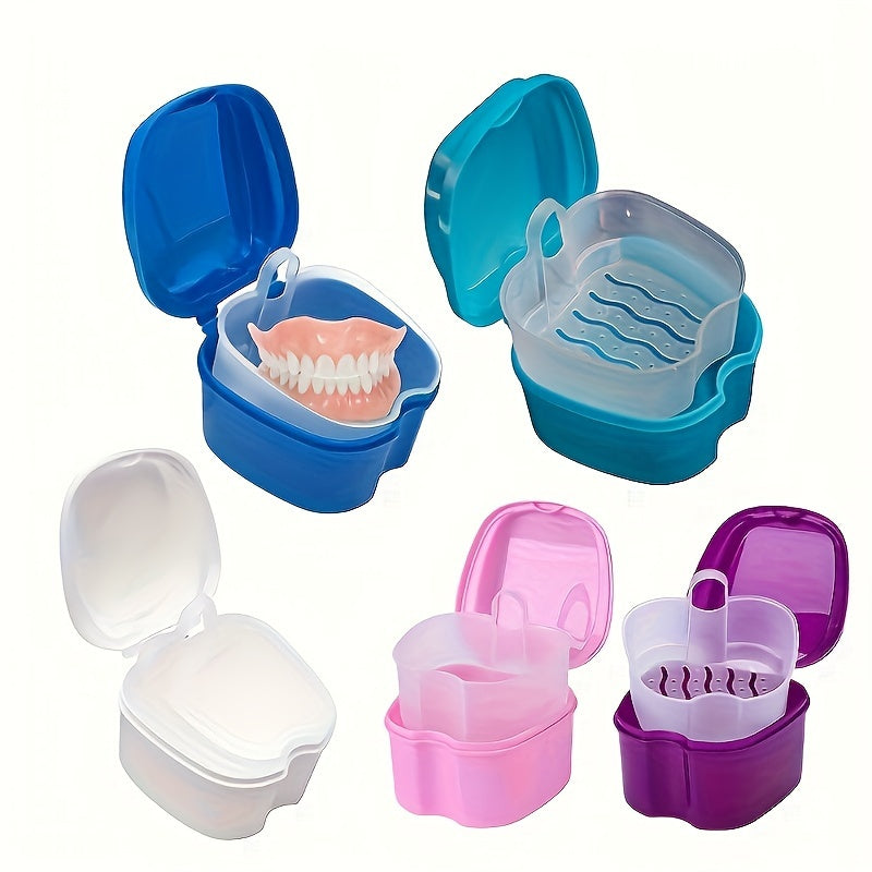 Durable plastic case with built-in brush and filter for complete denture care.