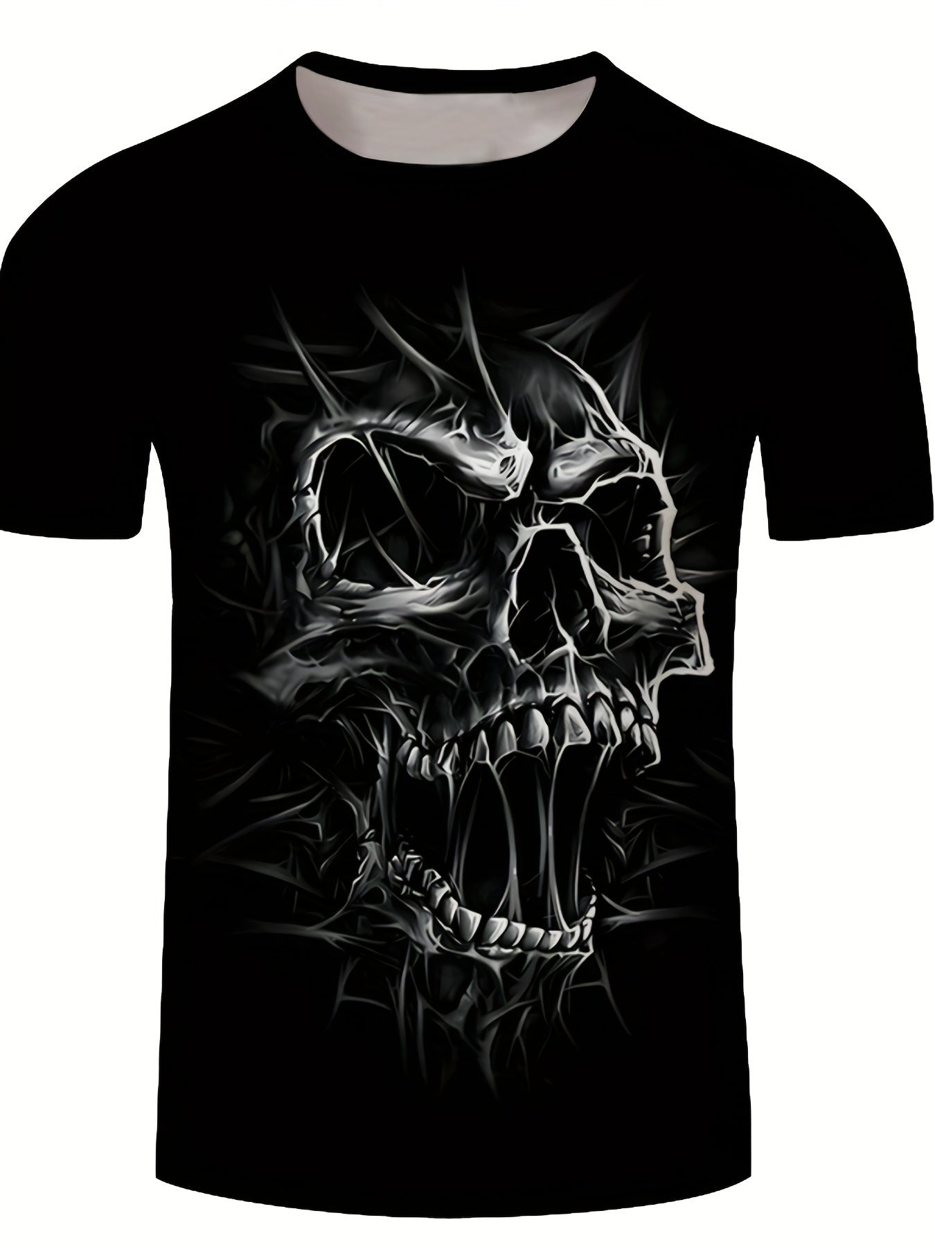 Men's Edgy 3D Skull Print T-Shirt in Black - Crew Neck, Short Sleeve, Polyester Blend, Machine Washable. Perfect for Summer Fashion and Everyday Comfort. Features Stretchy Fabric. Available