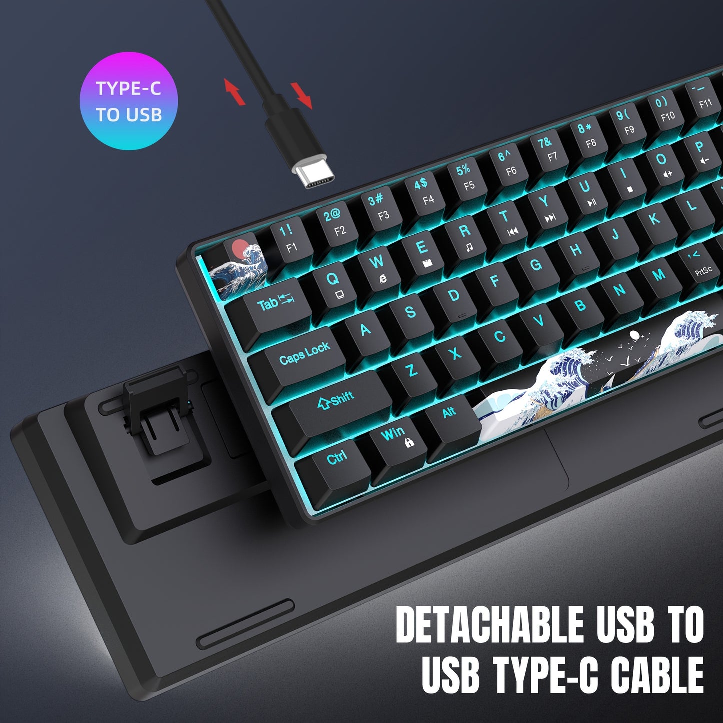 HXSJ ergonomic wired mechanical gaming keyboard with 68 keys, PBT custom dye sublimation keycaps, backlit, USB powered, includes USB cable and keycap puller, for computers/laptops.