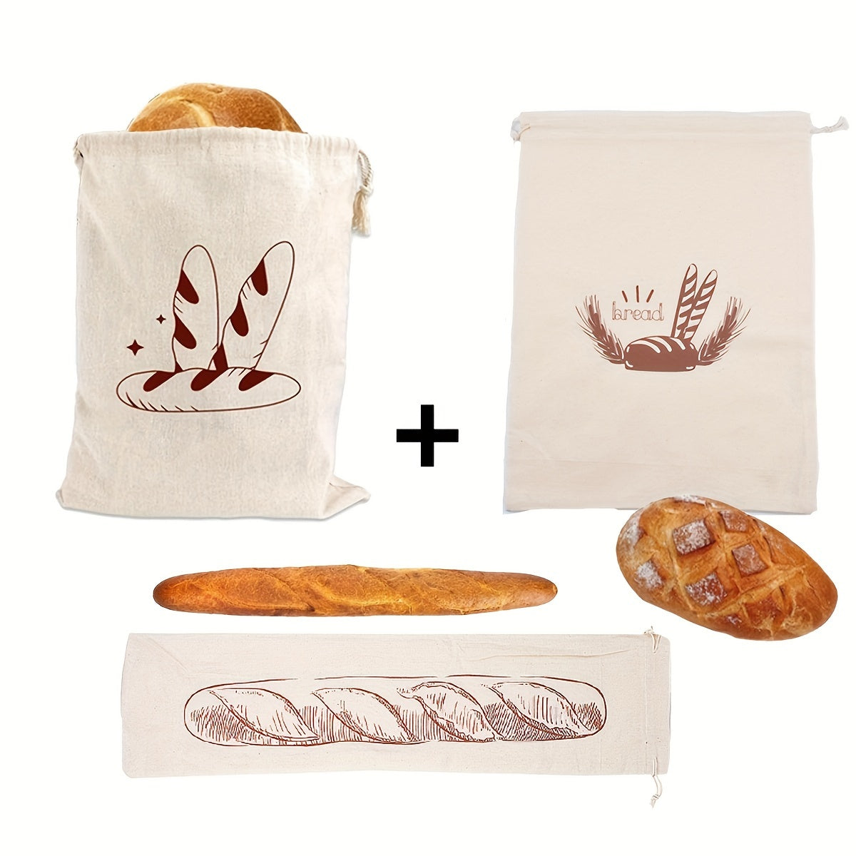 Set of three linen bread bags designed for storing homemade and artisan bread. These reusable fabric containers are unbleached and feature a drawstring closure for safe food contact.