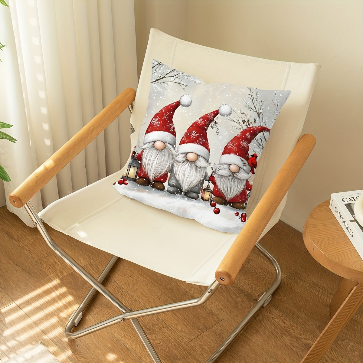 Festive Christmas Gnome Pillowcase: Soft polyester, 44.96cm x 44.96cm, features snowy landscape & red berries. Perfect for living room or bedroom decor. Gnome themed.