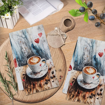 Set of 2 Ultra Soft Polyester Kitchen Towels featuring a Coffee Lover's Dream Design with Heart & Latte Art, Highly Absorbent & Machine Washable Dish Hand Towels, 40.64x60.96 cm - Ideal for Valentine's Day Decor, Coffee Lover Gift | Romantic Towel Design