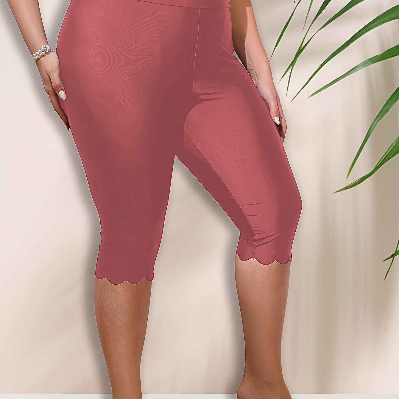 Plus size high waist swim capris pants with scallop trim for women's water sports.