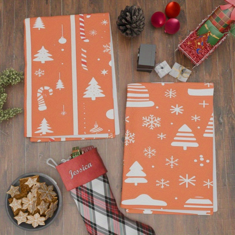 Two pieces of 18*26 kitchen towels, perfect for adding a festive touch to your kitchen during the Christmas season. Made with soft material, these towels feature a wintertime theme with snowflakes and the words "Merry Christmas" printed on them, making