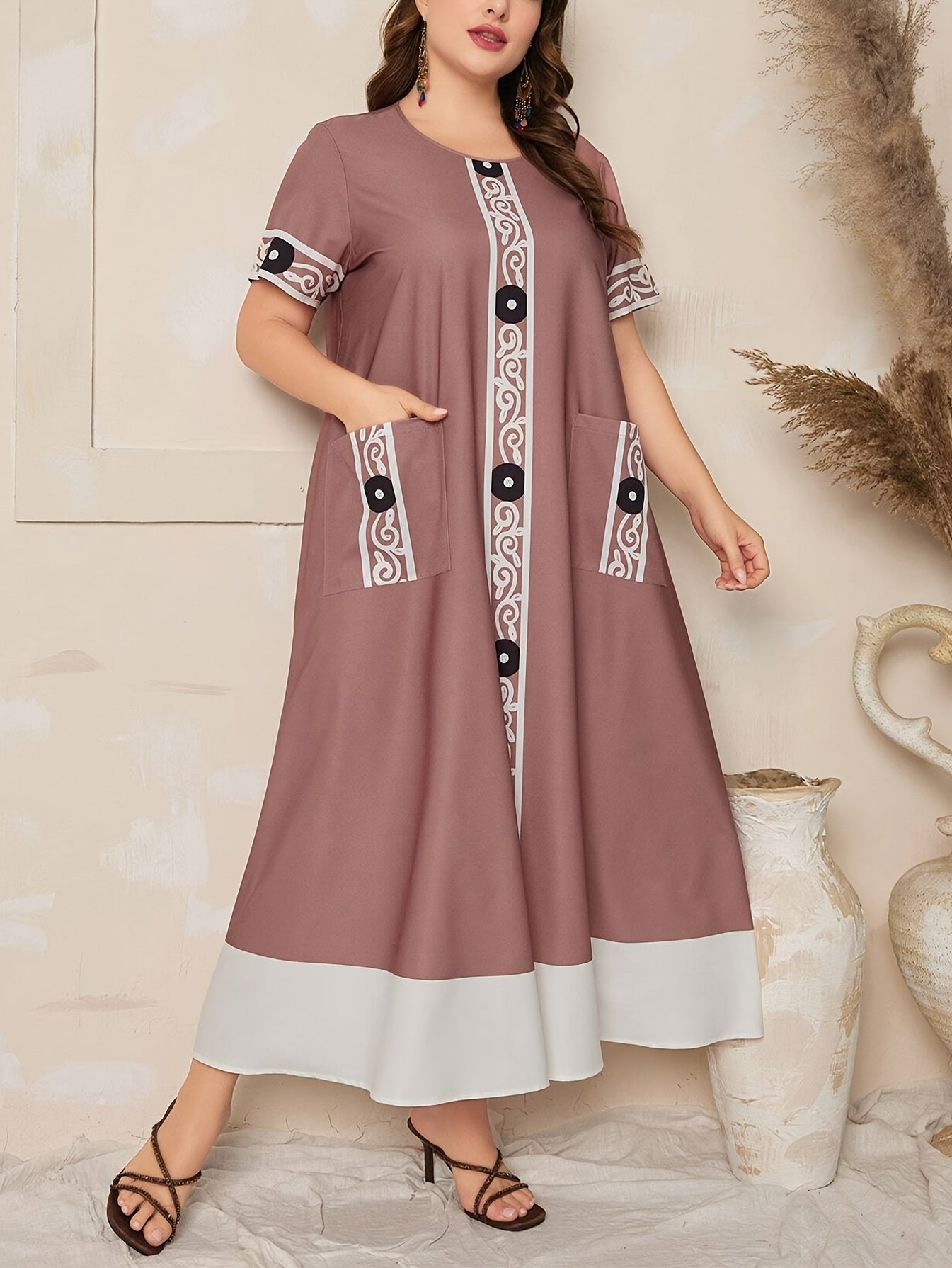 Color-block printed splice dress with double pockets, 100% polyester, fitted, non-stretch woven fabric, ideal for all seasons - Elegant plus size fashion.