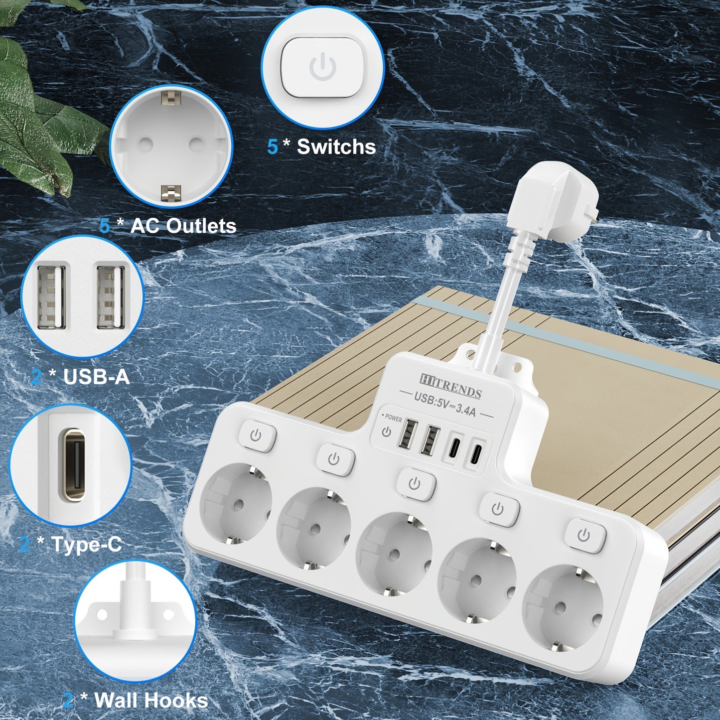 9in1 Power Strip with 5 AC Outlets, 4 USB Ports (2 TYPE-C), Independent Switch, Wall Mount for Home and Office.