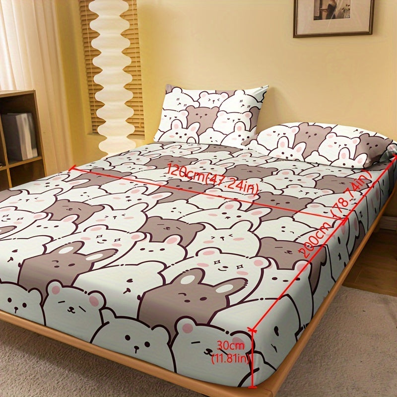 One piece of Cartoon Bear Print Fitted Sheet (Pillowcase not included) made of soft and comfortable material for a cozy sleep experience. Perfect for bedrooms or guest rooms, this brushed mattress protector features deep pockets for a secure fit. Fitted