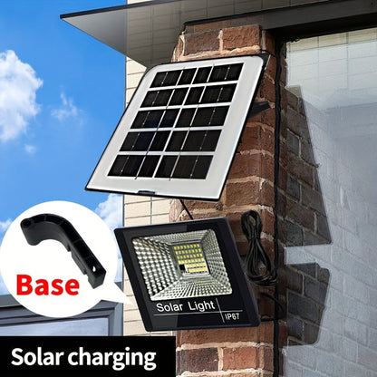 Solar floodlight with remote control, adjustable spotlight, automatic on/off LED light for outdoor safety from dusk to dawn in yards, gardens, pavilions, sheds, barns, and garages.