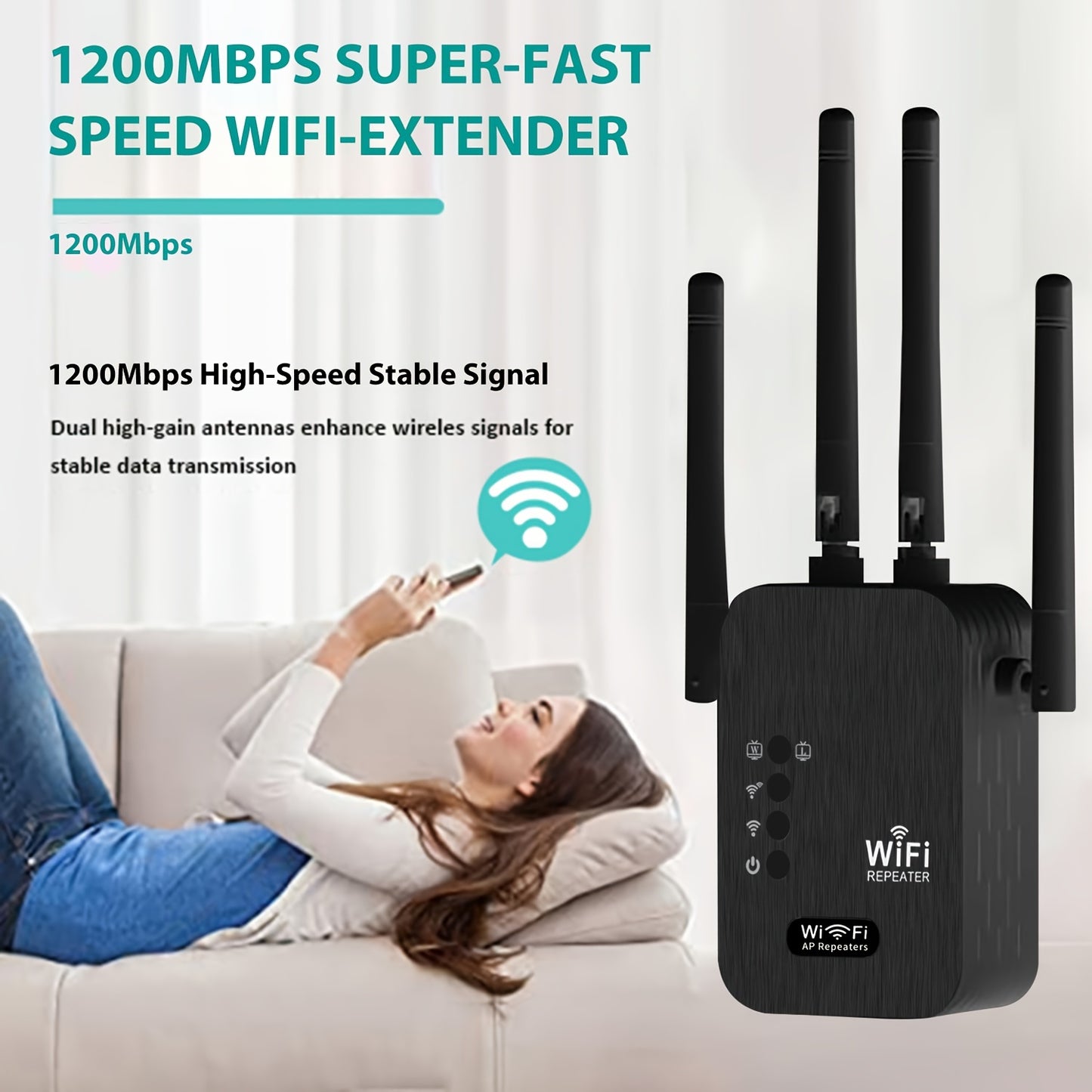 2024 WiFi Booster: 6x stronger, 1200Mbps, dual bands, up to 8500 sq ft, strong signal, 35 device support, easy setup, full coverage with 4 antennas, includes Ethernet port.