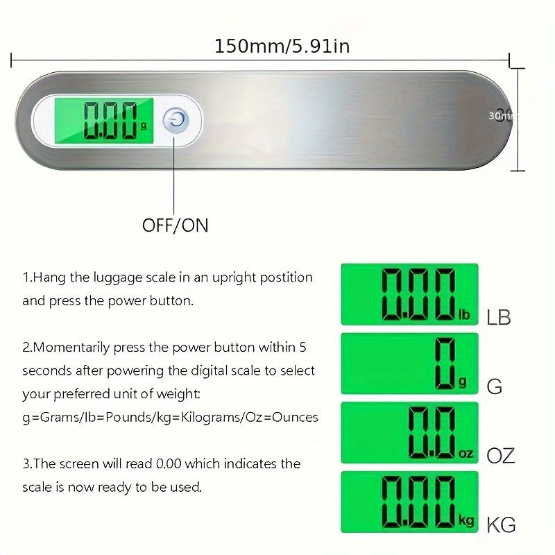 Portable LCD digital luggage scale with a 110lbs/50kg capacity and steelyard hook for travel and fishing.