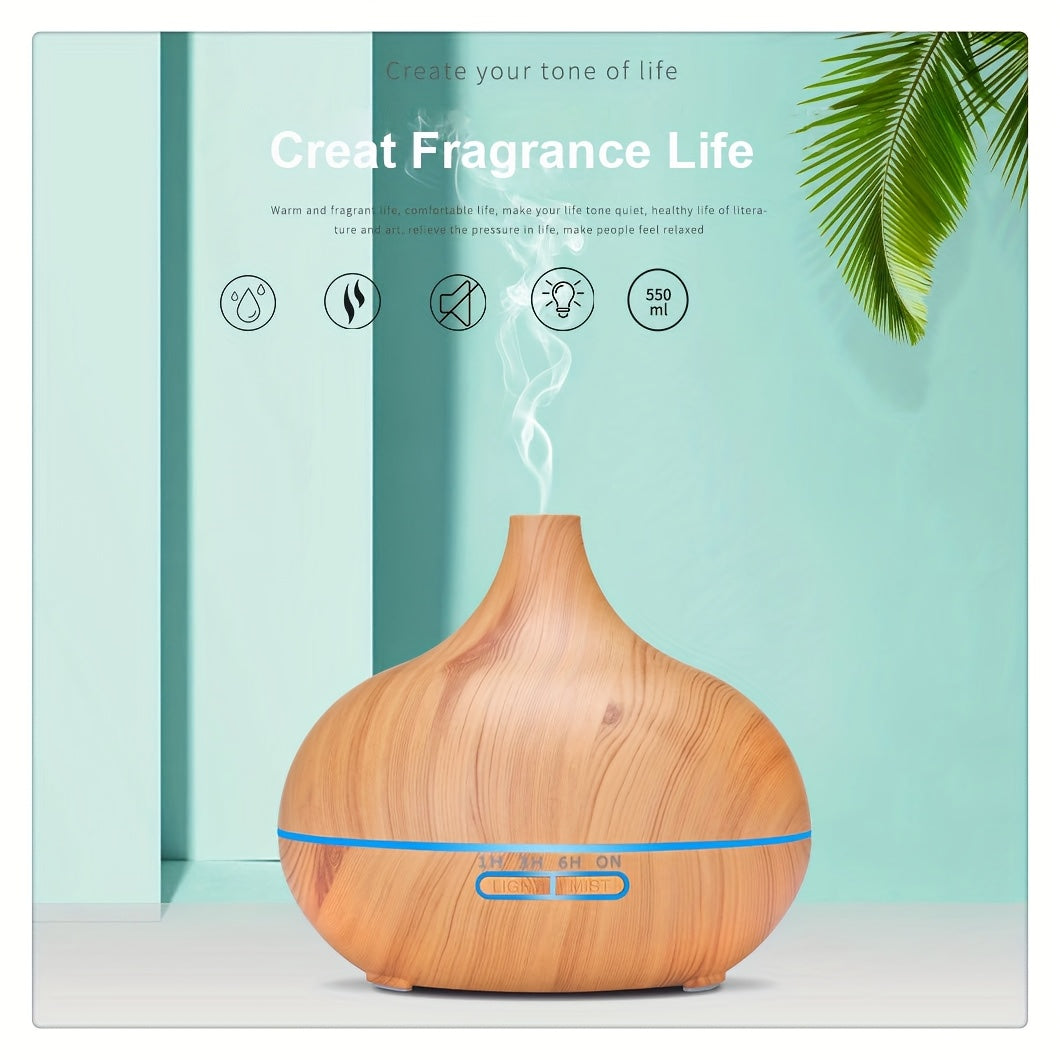 1pc USB charged 550ml wood color aroma diffuser with cool mist humidifier, 7 color LED light, waterless auto off feature, and super quiet operation. Great for home, office, or bedroom.