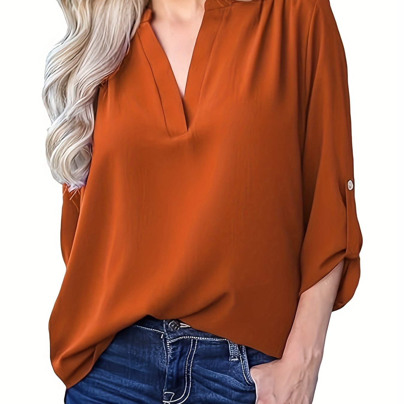 Elegant plus size V-neck blouse with roll-up sleeves in a solid color, machine washable, perfect for casual outings.