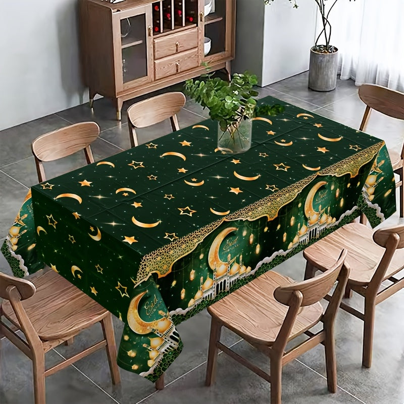 1pc Elegant Green & Golden Eid Mubarak Tablecloth - 130x220cm, featuring castle, moon, lantern & star design. Perfect for Ramadan & Eid celebrations, durable plastic machine-woven for