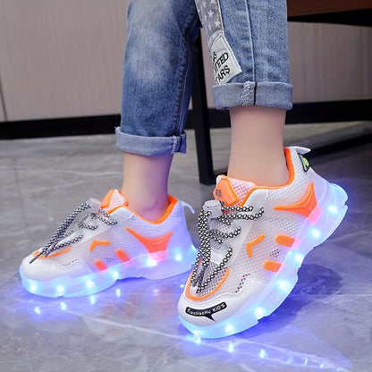 Children's LED light-up sneakers with breathable mesh, non-slip soft sole, and trendy street style for nighttime visibility, ideal for outdoor play and sports in white/blue/orange designs.