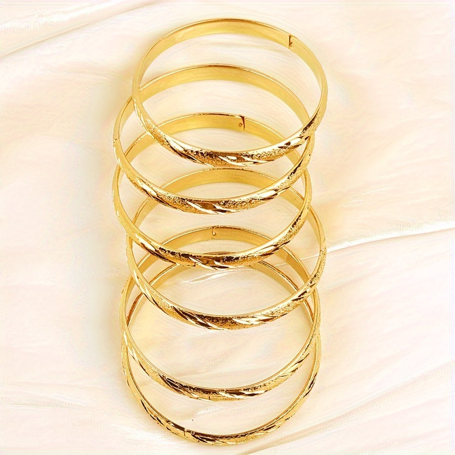 Set of 6 Middle Eastern style bangle bracelets, plated with 18K gold. This classical set is perfect for weddings, parties, and everyday wear for women.