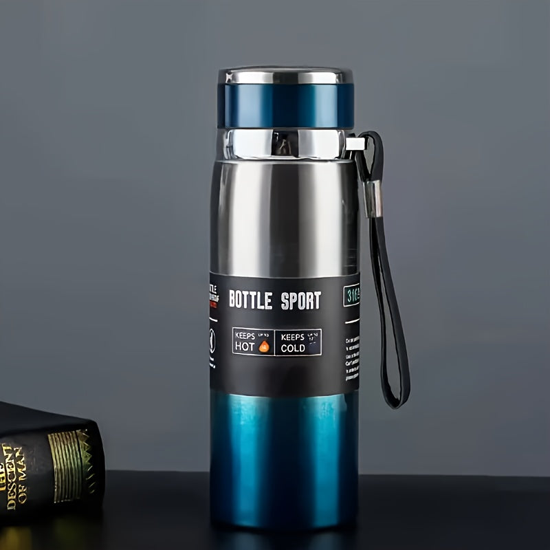 Large capacity travel kettle for outdoor sports made of 316 stainless steel, with an insulated cup and portable strap.