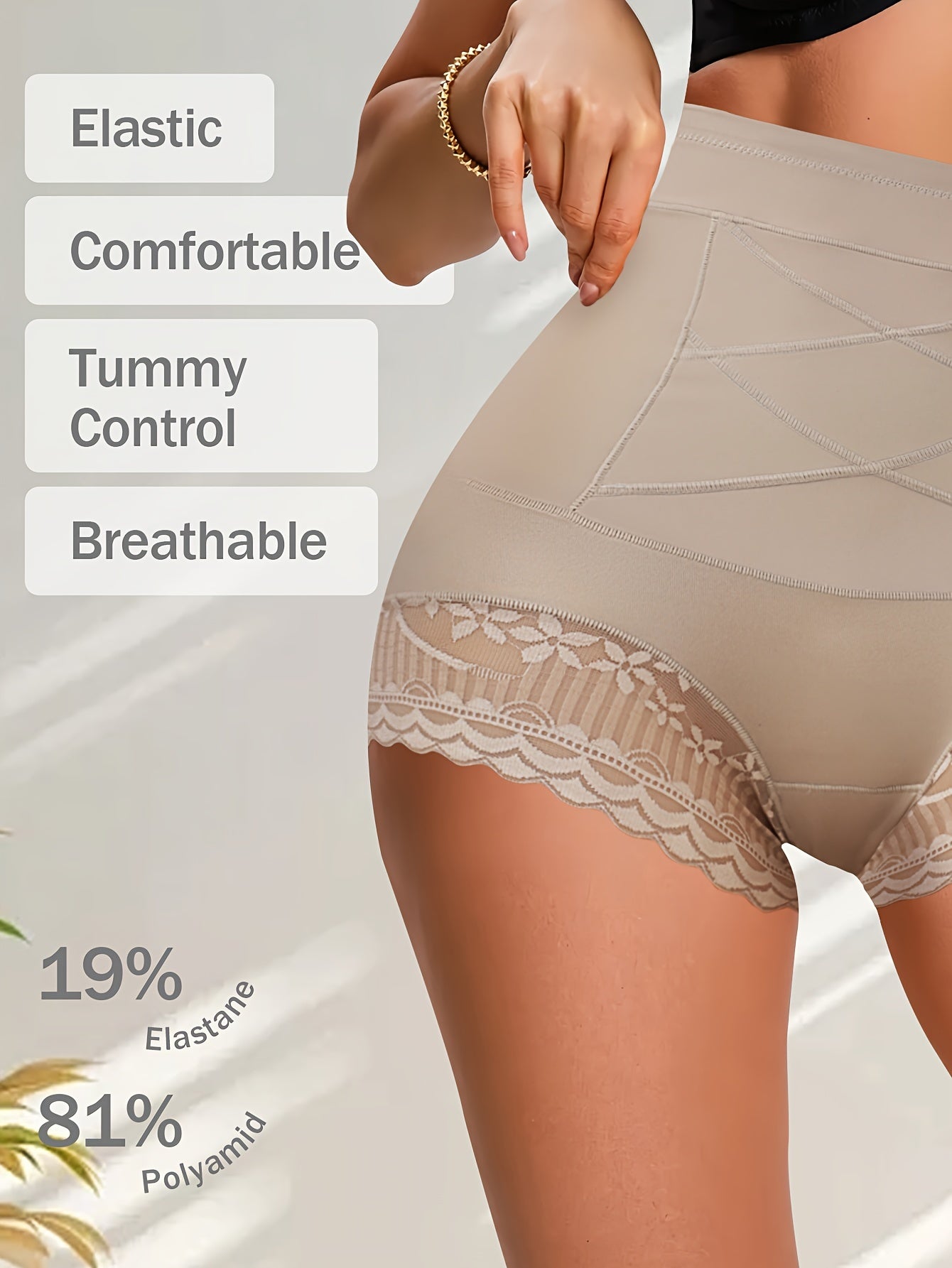 High-waist tummy control shapewear panties with lace, hand washable, made of breathable nylon blend, designed for postpartum belly slimming.