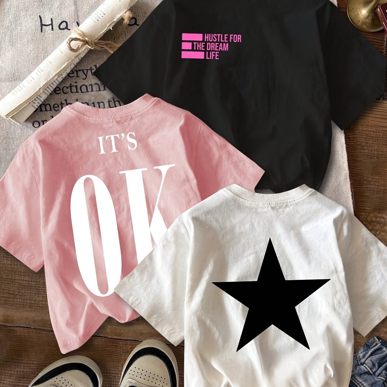 Casual minimalist star & letter print cropped tight fit t-shirts for women, summer, set of 3.