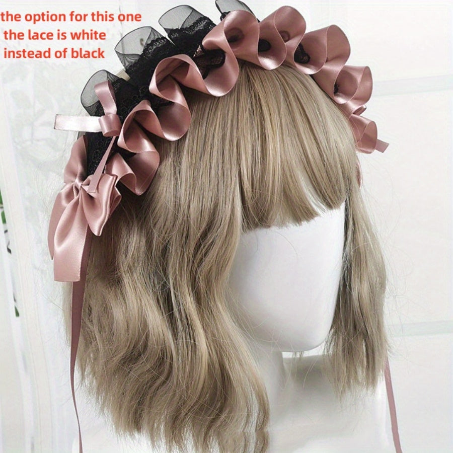 Ruffled Lace Ribbon Bow Headband with Hairpins in Contrasting Colors - Anime Maid Inspired Hair Accessory