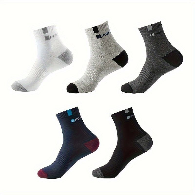 5 pairs of men's breathable sports socks with fashionable letter print and high elasticity for outdoor running