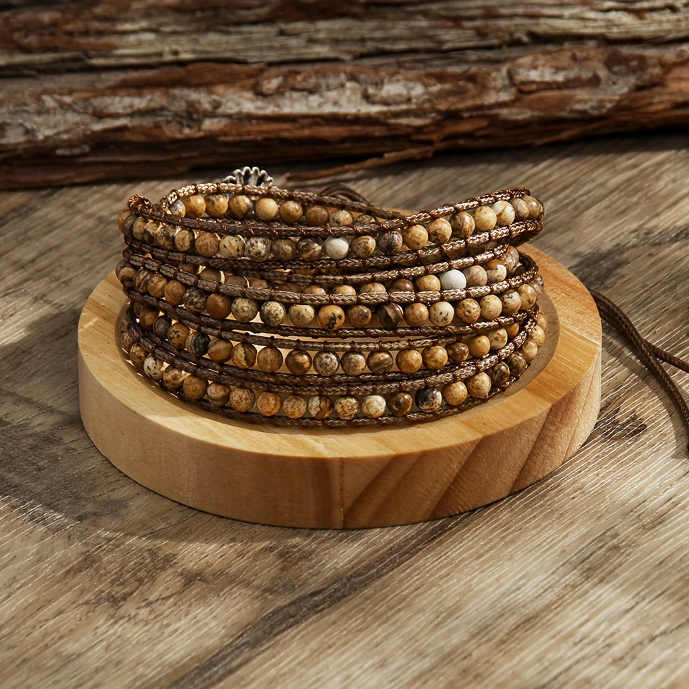 Women's Bracelet with a Bohemian Style, Waxed Cord Braid and Adjustable 5 Rows Wrap