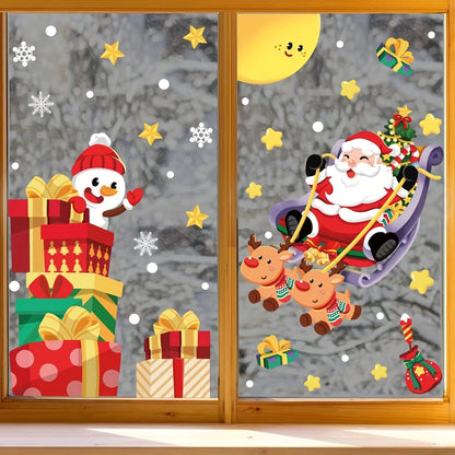 Decorate Your Home for the Holidays with Classic Christmas Window Stickers featuring Santa Claus and Reindeer Static Cling Decals, Shimmery Snowflake Patterns. These Reusable Decals are Perfect for Glass and Doors, with a 2mil Thickness for Seasonal