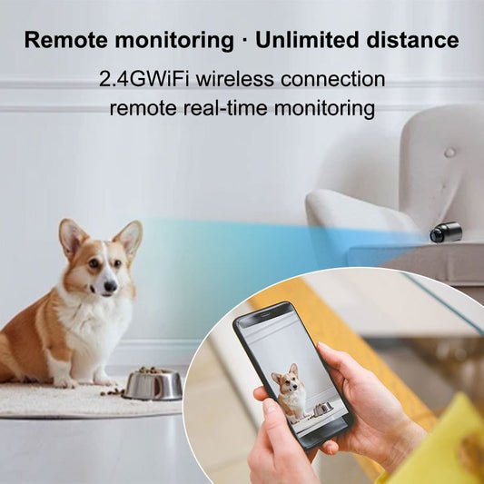 Mini WiFi surveillance camera in sleek black design with TF card slot. Ideal for home security and pet monitoring. USB powered and compatible with smartphones. Compact 480P resolution. SD card not included.