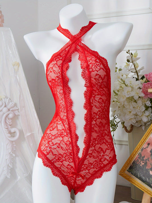 Red lace bodysuit with bow detail and floral print lingerie.