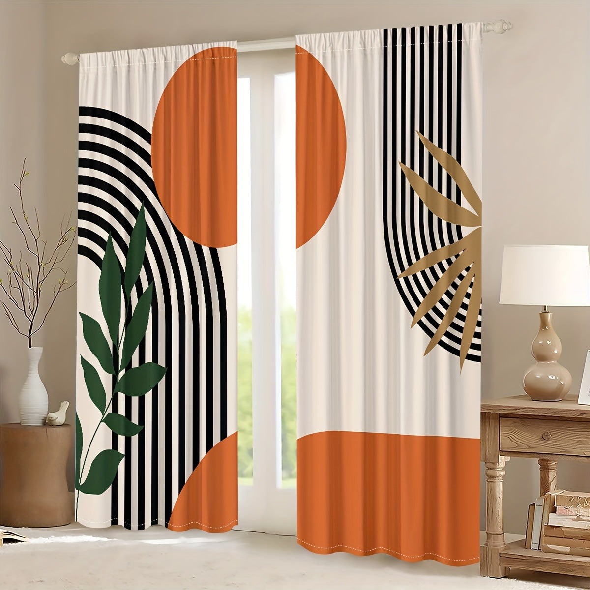 Two pieces of modern abstract geometric and striped design curtains - translucent, privacy-protecting drapes with a rod pocket for the living room and bedroom. Made of machine washable, fade-resistant polyester.