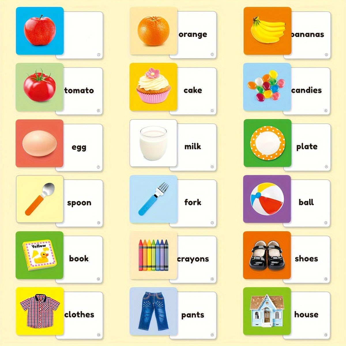 1 box of 54 English children's object word learning cards featuring 54 different object image cards with corresponding word learning cards, designed with rounded edges for safety.