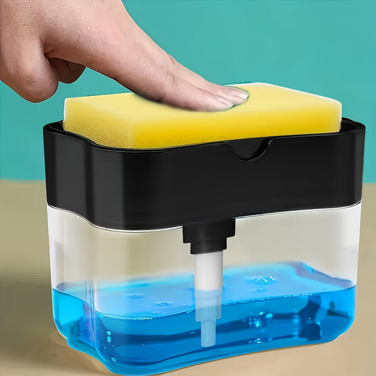 Dishwashing Sponge Dispenser - Press and Pour Soap Container with Sponge Holder, No Need for Electricity, Made of Sturdy Plastic