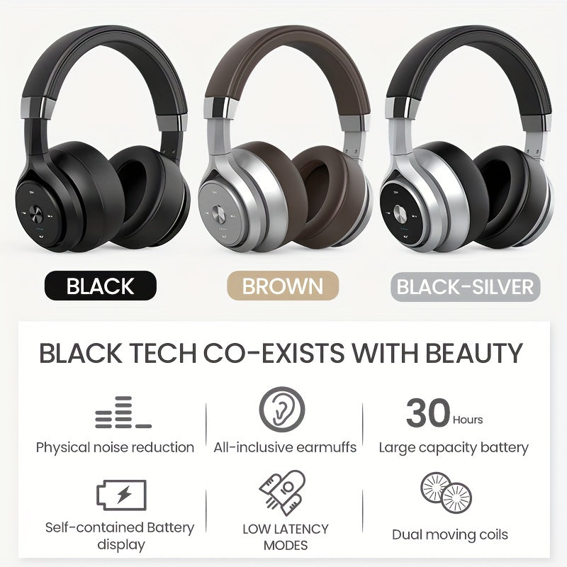 Wireless headphones with EQ Music Modes, microphone, and 30-hour playtime. HiFi stereo, foldable, lightweight design with deep bass for phone and PC use.