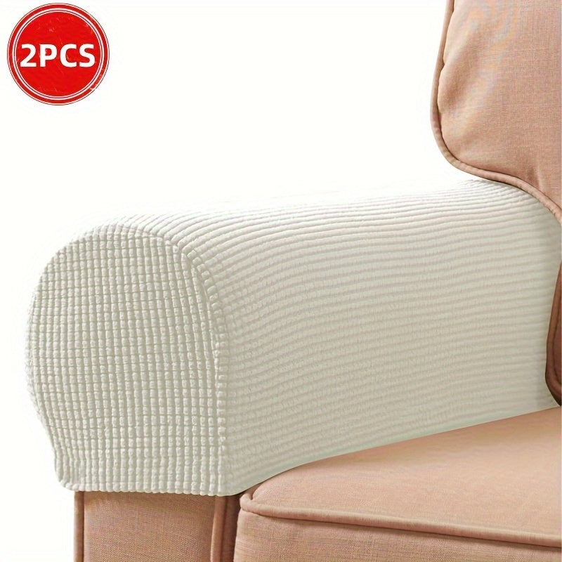 2 Stretch Armrest Covers made of durable spandex blend with plush texture. Scratch & dust resistant, and machine washable. Fits single to four-seater sofas & recliners in various colors.