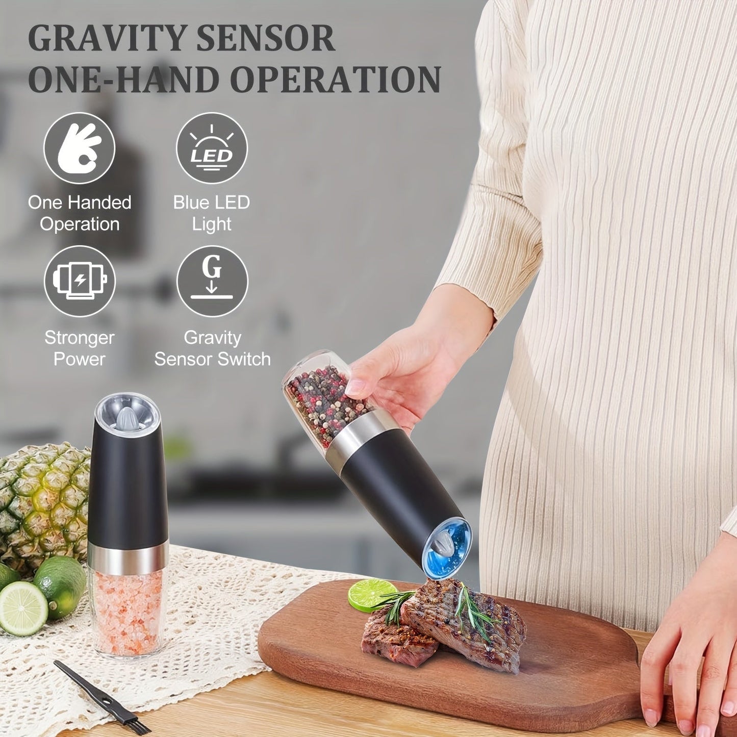 Electric Salt and Pepper Grinder Set with Adjustable Coarseness, Battery Operated, LED Light, One-hand Operation, Stainless Steel - Available in Multiple Colors.