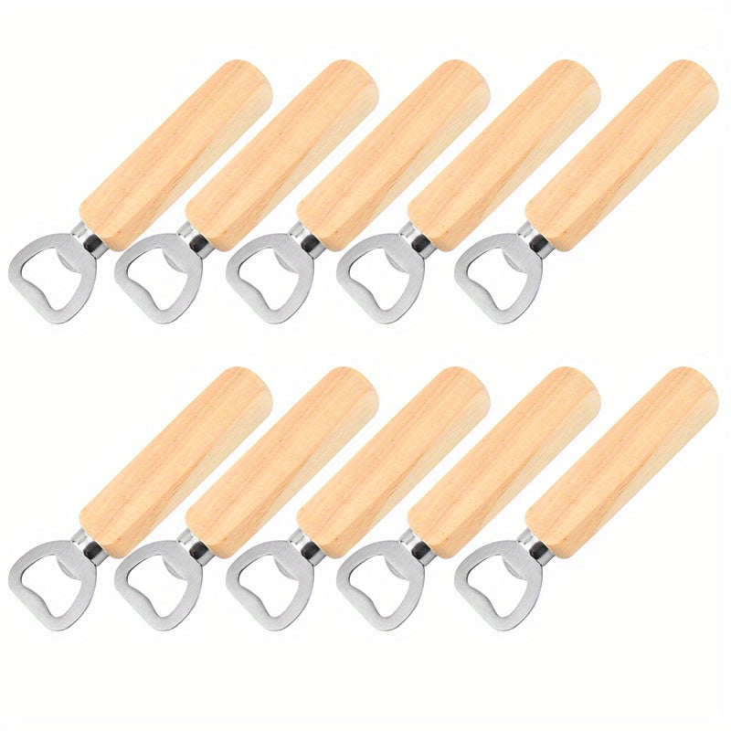 10pcs Wooden handle stainless steel bottle openers for beer, wine, and juice opening. Perfect for use in bars, pubs, clubs, restaurants, or at home as summer drinkware accessories.