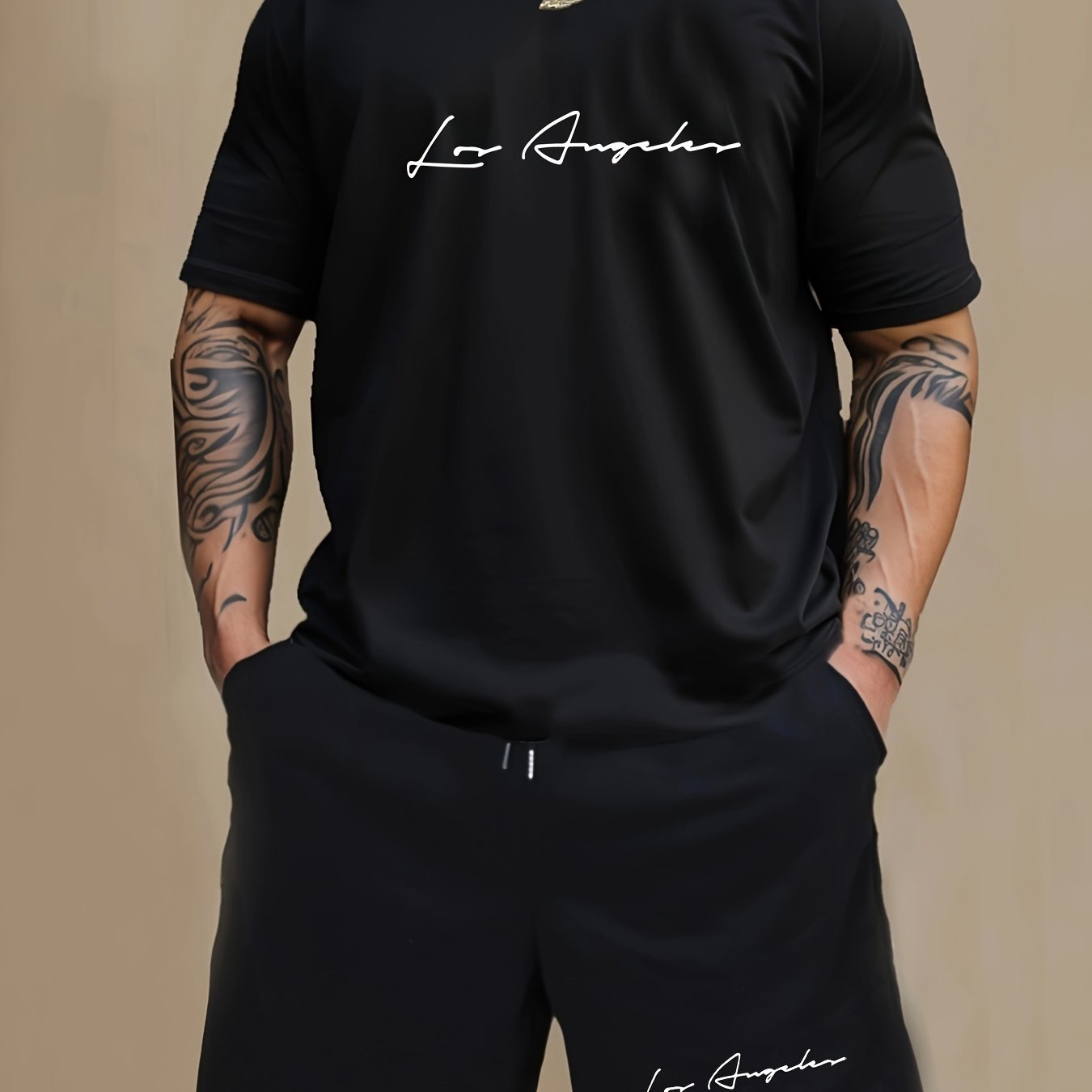 Casual 2pcs set for men, featuring Los Angeles print on a short sleeve crew neck t-shirt and knee-length shorts. Made with a comfortable blend of polyester and spandex, suitable for