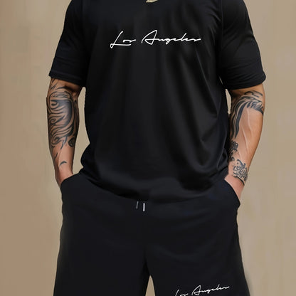 Casual 2pcs set for men, featuring Los Angeles print on a short sleeve crew neck t-shirt and knee-length shorts. Made with a comfortable blend of polyester and spandex, suitable for